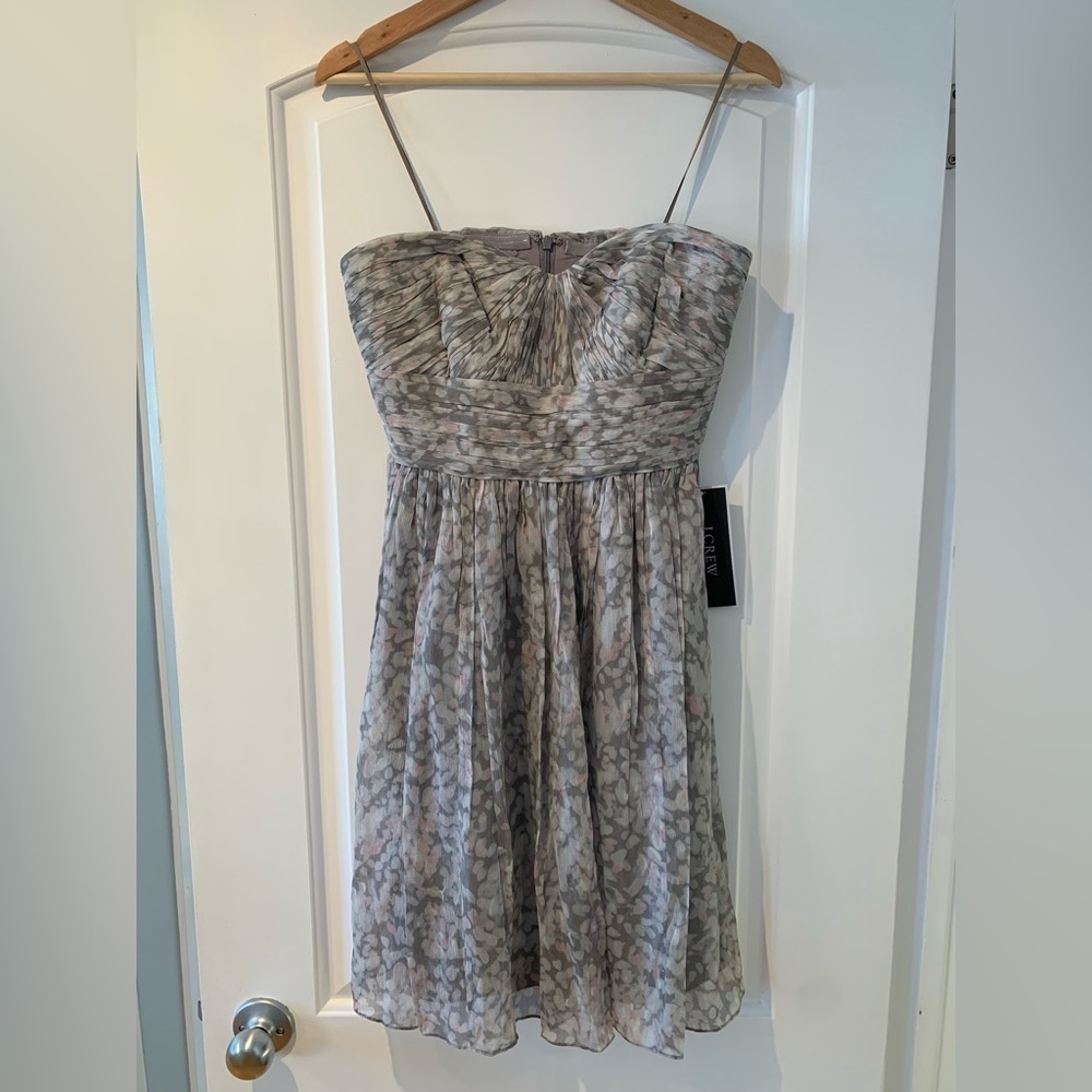 NWT J. Crew Dress Marbella Strapless Size 6 Lined Grey Pink 100% Silk Flowy